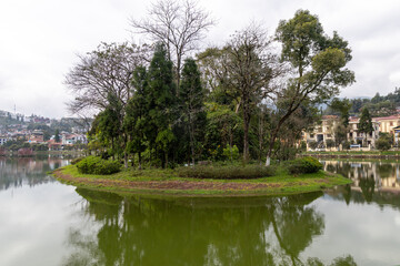 Obraz premium A serene view of a tree-covered island in the middle of a lake, reflecting the cloudy sky above. Located in Sapa, Lao Cai, Vietnam, this tranquil scene captures nature.