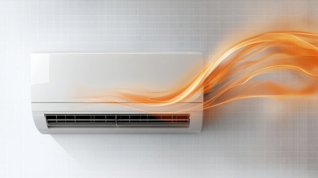Realistic 3D vector illustration of warm airflow coming from an air conditioner unit, wavy heat lines in orange tones moving downward, isolated on transparent background