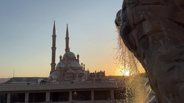 Sharm el sheikh, Egypt -MARCH 10, 2026: Al sahaba mosque at sunset with waterfall in sharm el sheikh