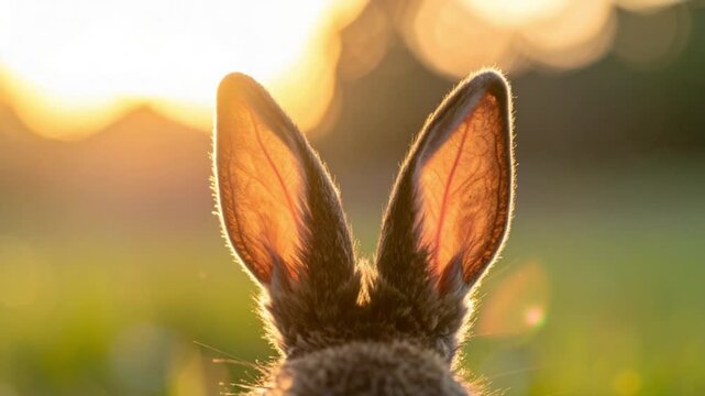 Close-up of rabbit ears backlit by golden sunset light in a natural outdoor setting