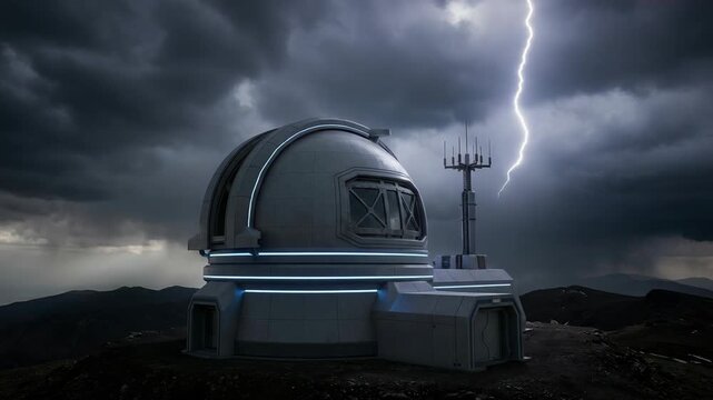 Futuristic observatory dome on a mountain peak under a dramatic stormy sky with a bright lightning bolt strike