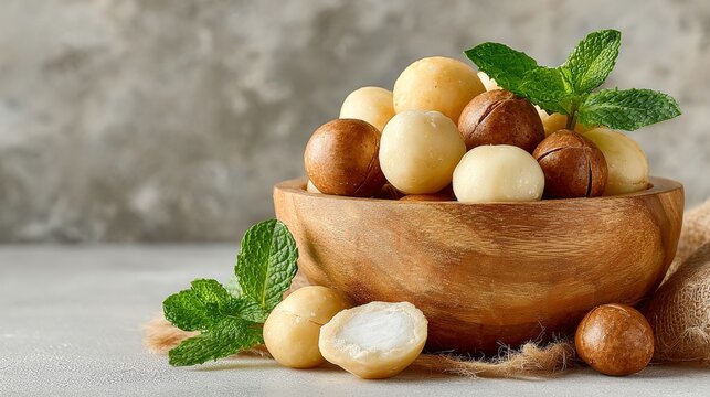 The rustic wooden table displays a bowl of roasted macadamia nuts, shells cracked