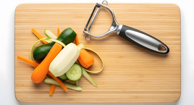 Vegetable peeler and assorted peeled vegetables on cutting board