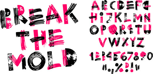 Hand drawn alphabet and numbers with grunge ink texture on transparent background. Artistic messy brush strokes font layout for creative design. Doodle style typography decorative set. © Olga