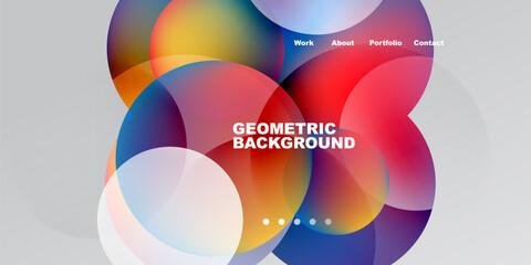 Fototapeta premium Abstract colorful overlapping circles create dynamic background. Text displays portfolio navigation options, geometric design.