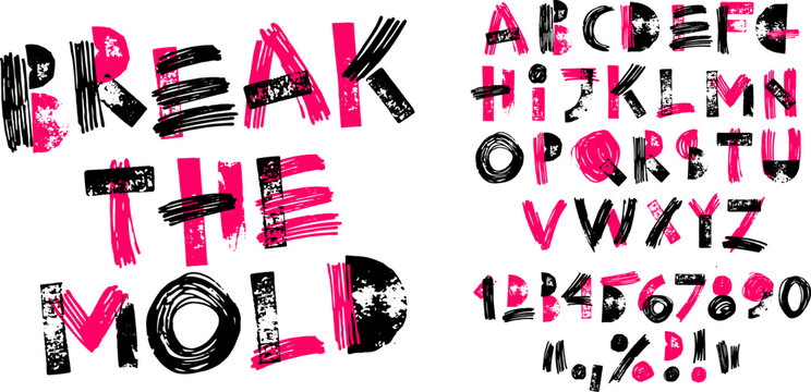 Hand drawn alphabet and numbers with grunge ink texture on transparent background. Artistic messy brush strokes font layout for creative design. Doodle style typography decorative set.