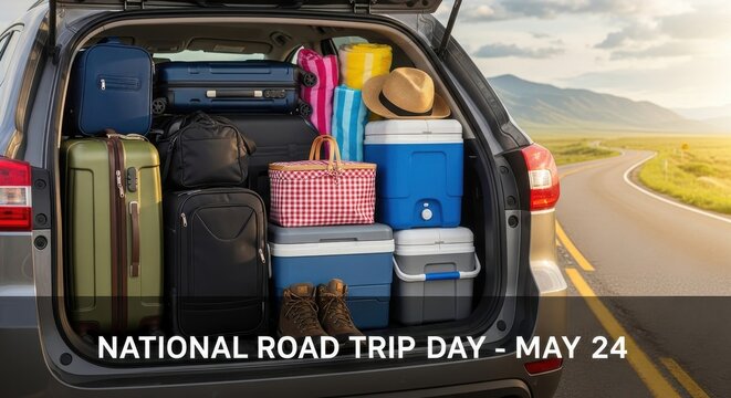 Packed car trunk for a scenic national road trip adventure