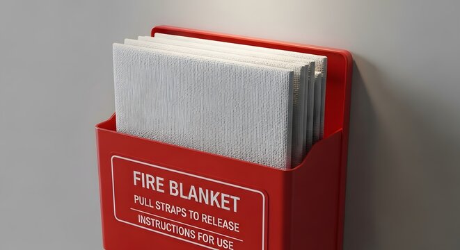 Red fire blanket box with white blanket