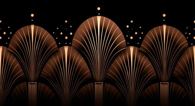 An Art Deco fan pattern featuring geometric gold and black motifs