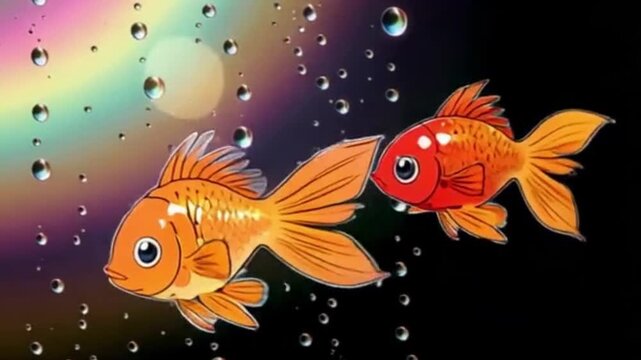 アニメ金魚が二匹暗い海を泳いでいく動画