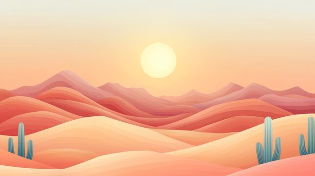 Clean modern vector illustration of desert hills and distant sun, artistic rendering of arid landscape using curved lines and warm pastel colors