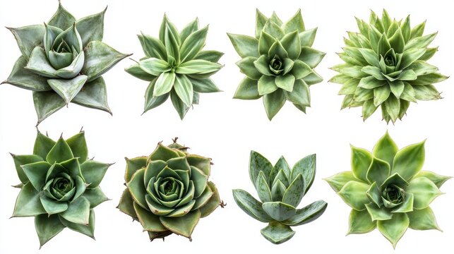 Collection of agave plant varieties with thick rosettes and sharp leaf edges, top view and side view angles on pure white backdrop