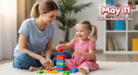 Naklejka premium Smiling babysitter and little girl building colorful blocks on cozy carpet