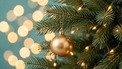 Fototapeta premium Gold Christmas Ornament Hanging on a Decorated Pine Tree Branch