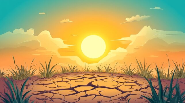 Cartoon flat vector showing cracked dry soil with wilted plants under a blazing sun, illustrating drought and extreme heat conditions