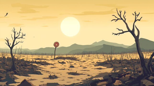 Environmental illustration of dead crops and barren land due to climate change, flat style with muted earthy colors and warning symbols