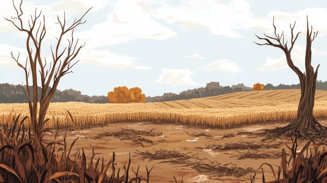 Environmental illustration of dead crops and barren land due to climate change, flat style with muted earthy colors and warning symbols