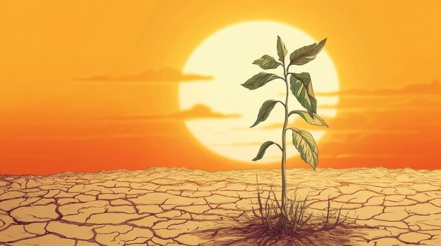 Vector art of struggling plant in parched ground, concept of global warming and drought impact on agriculture, sun with heat waves in background