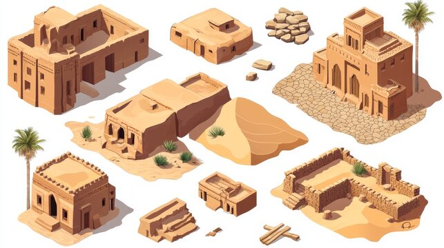Isometric vector set of desert-themed elements including traditional mud brick houses, cracked dry soil textures, stone pavements, and layered sand dunes, clean white background