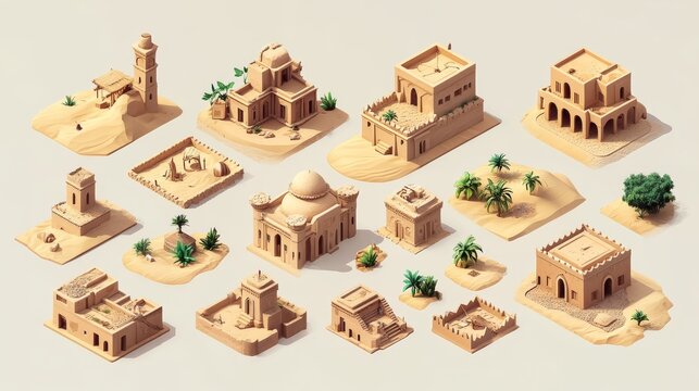 3D isometric icon pack featuring desert architecture in earthen tones, adobe-style structures, parched terrain, and stylized dune formations