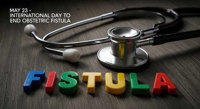 Stethoscope and colorful fistula text on wooden background for International Day to End Obstetric Fistula