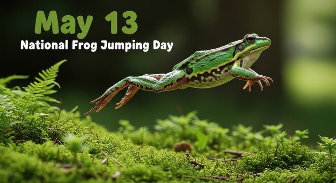 Vibrant green frog jumping through lush forest on National Frog Jumping Day