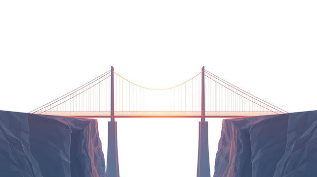 Elegant minimalist suspension bridge spanning a deep chasm with glowing cables connecting rocky cliffs, a modern geometric illustration symbolizing corporate mergers, teamwork, and progress.