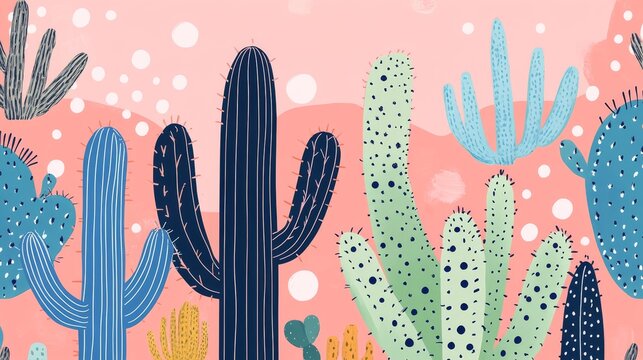 Wallpaper with cactus plants in charming flat design, retro pink background and dotted pattern, cheerful Wild West theme for surface design