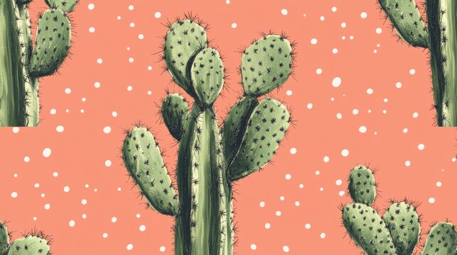 Vector wallpaper showing desert cacti in regular pattern, bold green tones with small polka dots over dusty rose backdrop, cute and modern western style