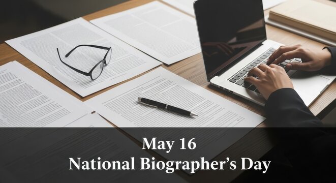 Professional writer working on biography at desk with laptop and papers