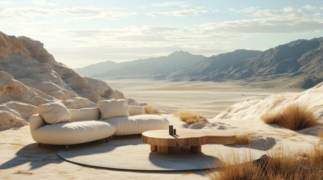 Conceptual 3D render of home furniture surrounded by endless desert, emotional contrast between comfort and isolation, artistic cinematic setup