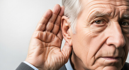 Fototapeta premium Elderly man with gray hair listening intently, hand cupped behind ear, against a neutral background emphasizing facial features and expressions