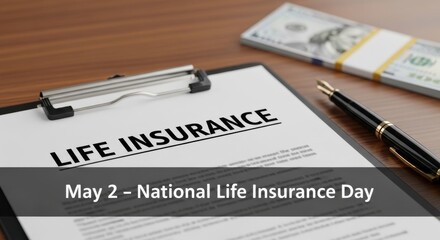 Obraz premium Life insurance policy documents with money and pen on wooden desk