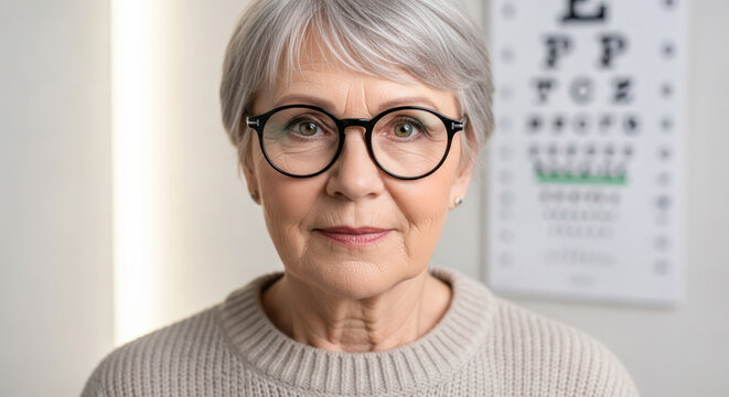 Senior woman with short gray hair and glasses poses in front of an eye chart in an optometrist's office, wearing a cozy sweater
