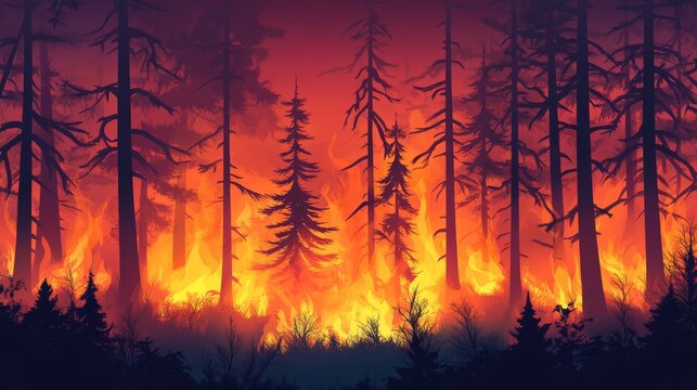Flat illustration of wildfire in dense forest, silhouettes of burning trees with charred branches and glowing flames, horizontal wide format