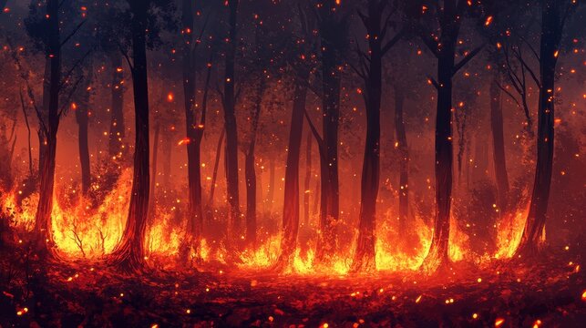 Wide panoramic wildfire illustration with engulfed forest canopy, glowing embers and smoldering trunks, dark red and orange color palette