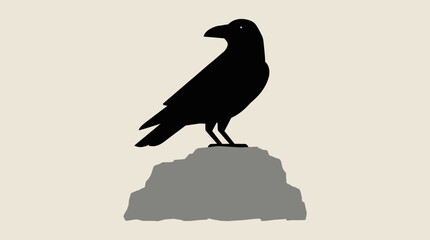 Fototapeta premium A stark black silhouette of a crow perched on a grey rock against a plain light beige background.
