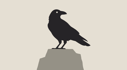 Fototapeta premium Black silhouette of a crow standing on a grey rock against a light beige background with a white eye highlight.