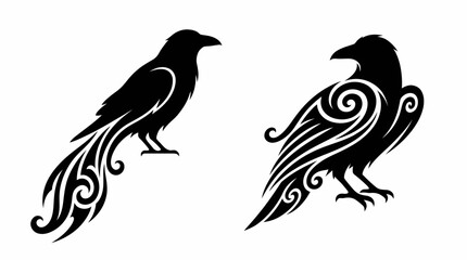 Fototapeta premium Two stylized black raven or crow silhouettes with intricate tribal swirl patterns, isolated on a white background.