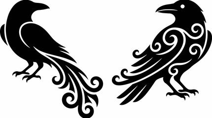 Fototapeta premium Two stylized black raven or crow silhouettes with intricate scrollwork and tribal patterns, isolated on a white background.