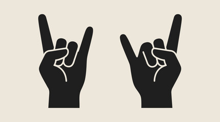 Obraz premium Two black silhouette hands making the rock and roll gesture, symbolizing music, rebellion, and fun.