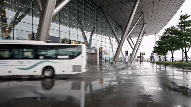 Modern airport terminal on rainy day.