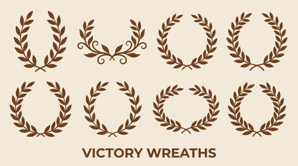 Obraz premium A collection of eight stylized victory wreaths in various designs, featuring laurel and olive branch motifs, presented on a light background.