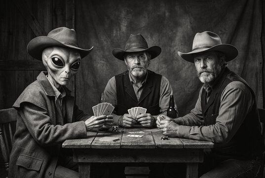 Black and white western scene with an alien in a cowboy hat playing cards at a wooden table with two cowboys, humorous sci fi mashup of space and wild west.