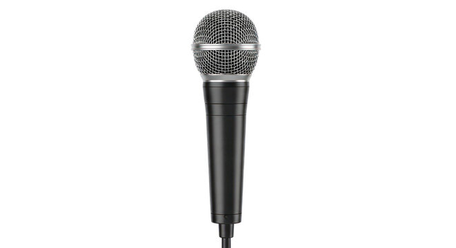 Black handheld microphone with a silver mesh head, isolated on a transparent background for versatile use in audio and music applications