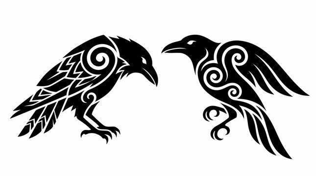Two stylized black ravens with intricate Celtic knotwork and tribal patterns, facing each other in a graphic art style.