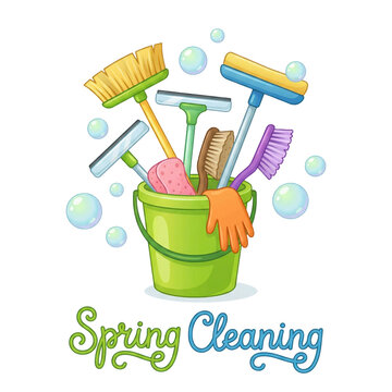 Green bucket filled with cleaning tools including brushes, sponges, and gloves, surrounded by bubbles, with a spring cleaning theme