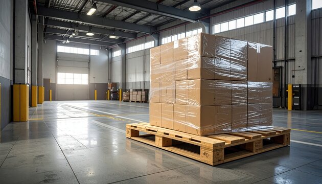 A stack of cardboard boxes on a pallet in a large, well-lit warehouse with industrial features and high ceilings.