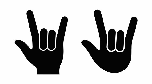 Two black silhouettes of hands making the rock and roll gesture, often called devil horns, against a white background.