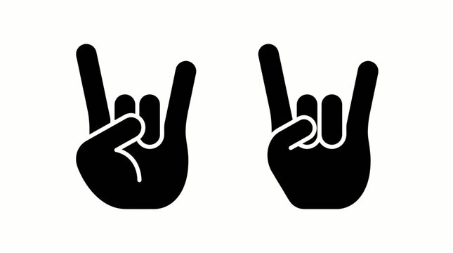 Two black silhouette hands making the rock and roll gesture on a white background, symbolizing music, rebellion, and a cool attitude.